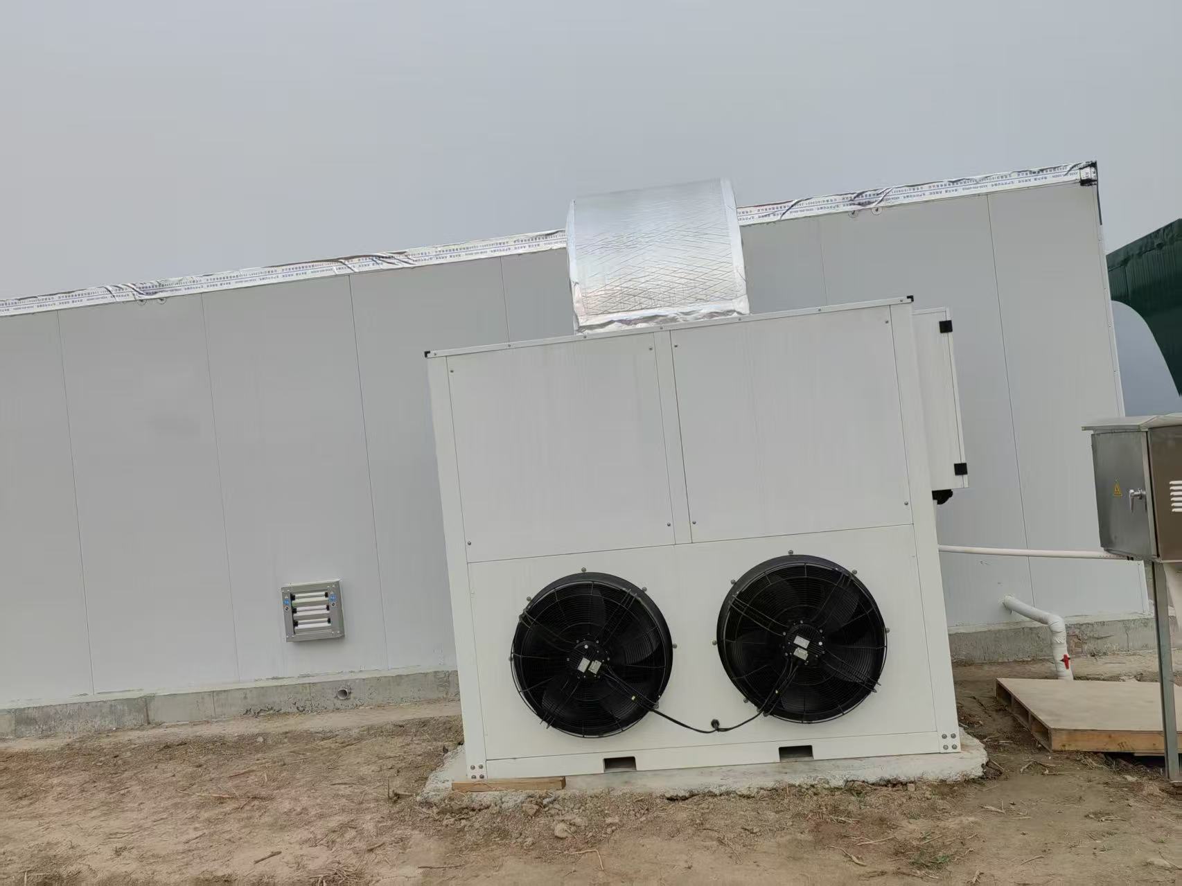 Outdoor HVAC unit serving a modular mushroom cultivation facility
